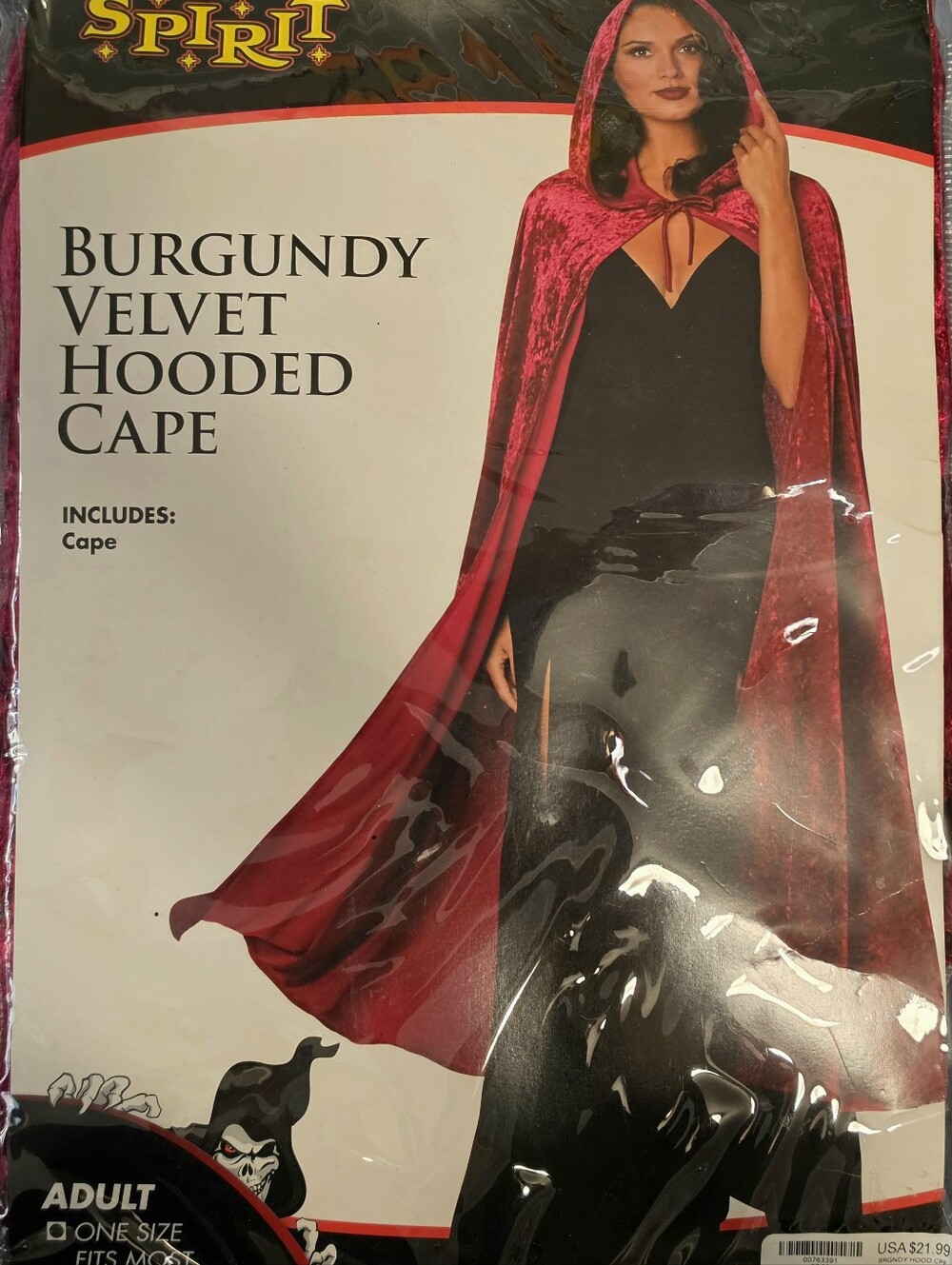 Spirit Halloween Burgundy Velvet Hooded Cape, Adult One Size Fits Most